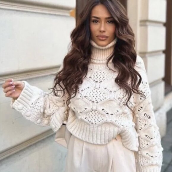 BLOGGERS FAV! Zara Cable Knit Openwork Turtleneck Cropped Sweater w/ Buttons S - Picture 1 of 7